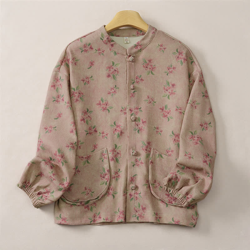 Buddha Stones Fall Winter Vintage Tang Style Mandarin Collar Floral Women's Jacket With Pocket - PaleVioletRed - US8-10, UK/AU12-14, EU40-42 (2XL) - image 0