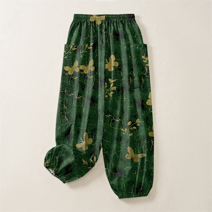Buddha Stones Cotton Botanical Butterfly Crackle Pattern Women's Elastic Waist Harem Pants With Side Pockets - image 4