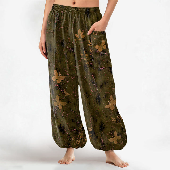 Buddha Stones Cotton Botanical Butterfly Crackle Pattern Women's Elastic Waist Harem Pants With Side Pockets - Olive - US16，UK/AU20，EU48 (3XL) - image 7