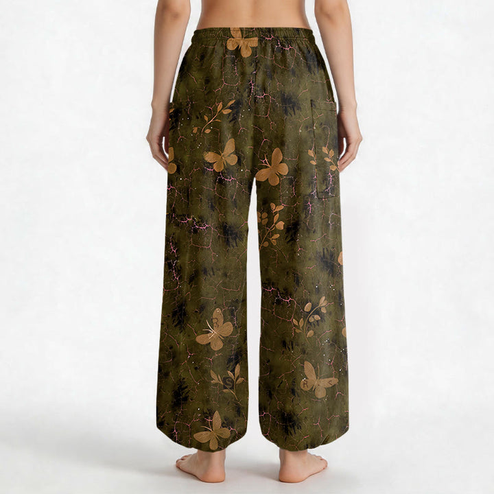 Buddha Stones Cotton Botanical Butterfly Crackle Pattern Women's Elastic Waist Harem Pants With Side Pockets - image 9