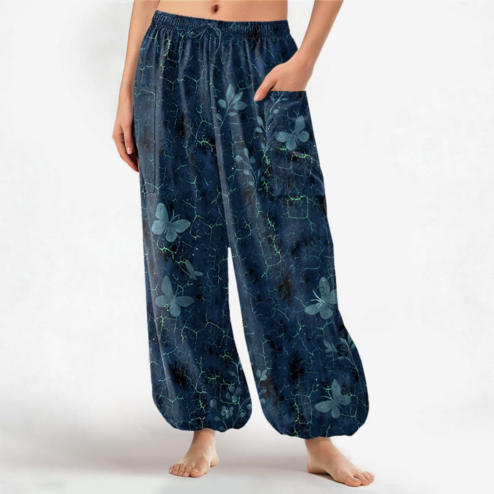 Buddha Stones Cotton Botanical Butterfly Crackle Pattern Women's Elastic Waist Harem Pants With Side Pockets - Navy - US16，UK/AU20，EU48 (3XL) - image 10