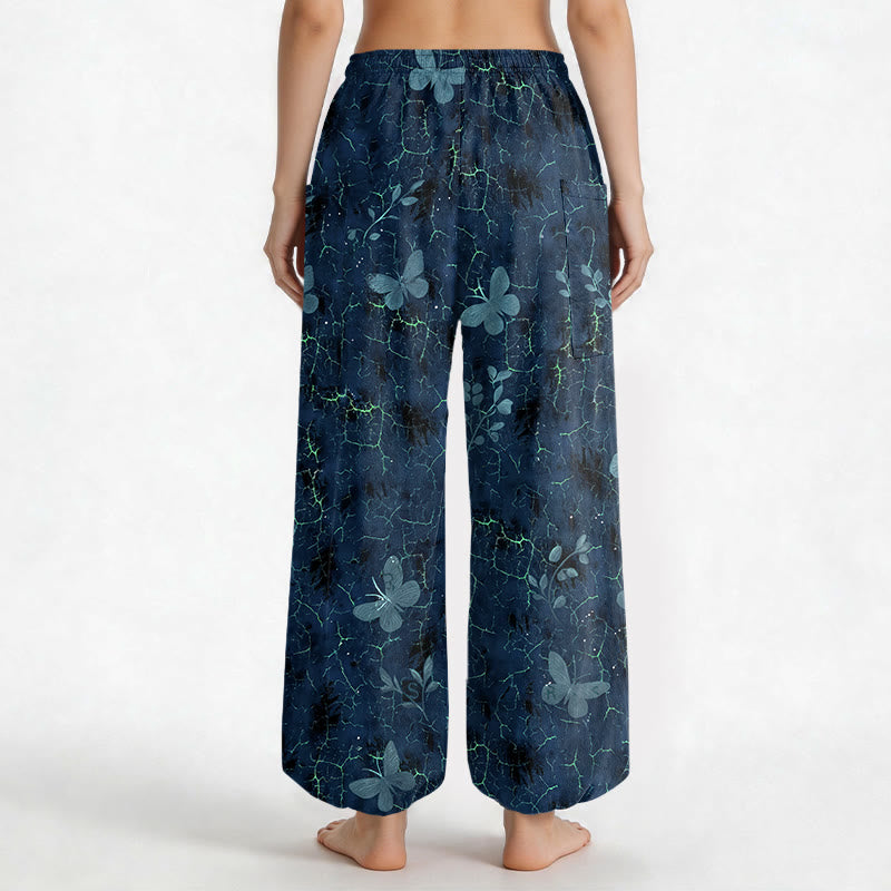 Buddha Stones Cotton Botanical Butterfly Crackle Pattern Women's Elastic Waist Harem Pants With Side Pockets - image 12