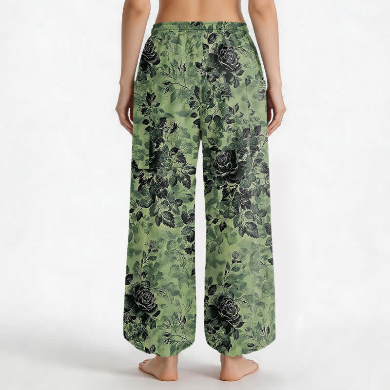 Buddha Stones Cotton Vintage Black Floral Pattern Women's Elastic Waist Harem Pants With Side Pockets - image 2