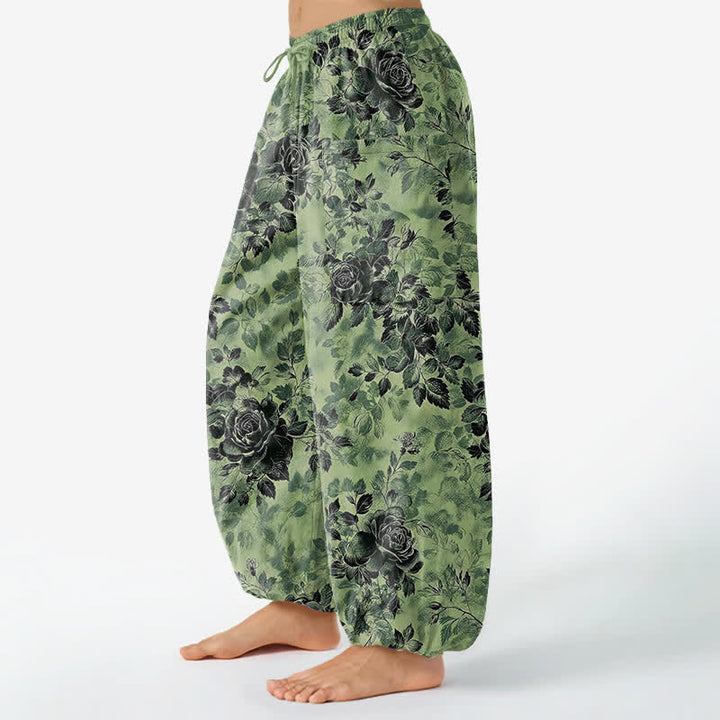Buddha Stones Cotton Vintage Black Floral Pattern Women's Elastic Waist Harem Pants With Side Pockets - image 1