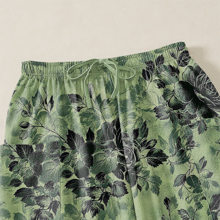 Buddha Stones Cotton Vintage Black Floral Pattern Women's Elastic Waist Harem Pants With Side Pockets - image 5