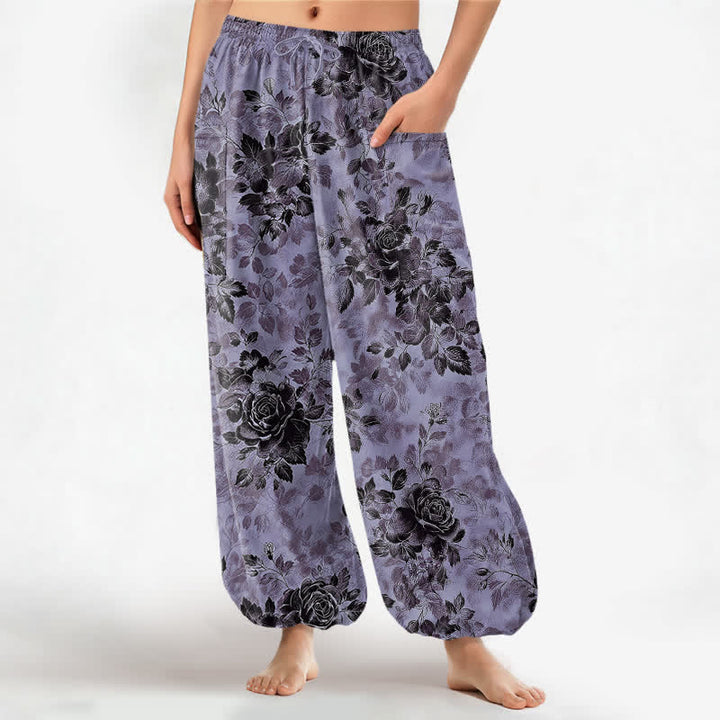 Buddha Stones Cotton Vintage Black Floral Pattern Women's Elastic Waist Harem Pants With Side Pockets - MediumPurple - US16，UK/AU20，EU48 (3XL) - image 7