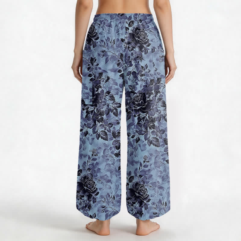 Buddha Stones Cotton Vintage Black Floral Pattern Women's Elastic Waist Harem Pants With Side Pockets - image 12