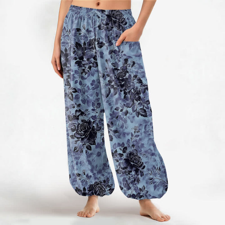 Buddha Stones Cotton Vintage Black Floral Pattern Women's Elastic Waist Harem Pants With Side Pockets - LightSkyBlue - US16，UK/AU20，EU48 (3XL) - image 10