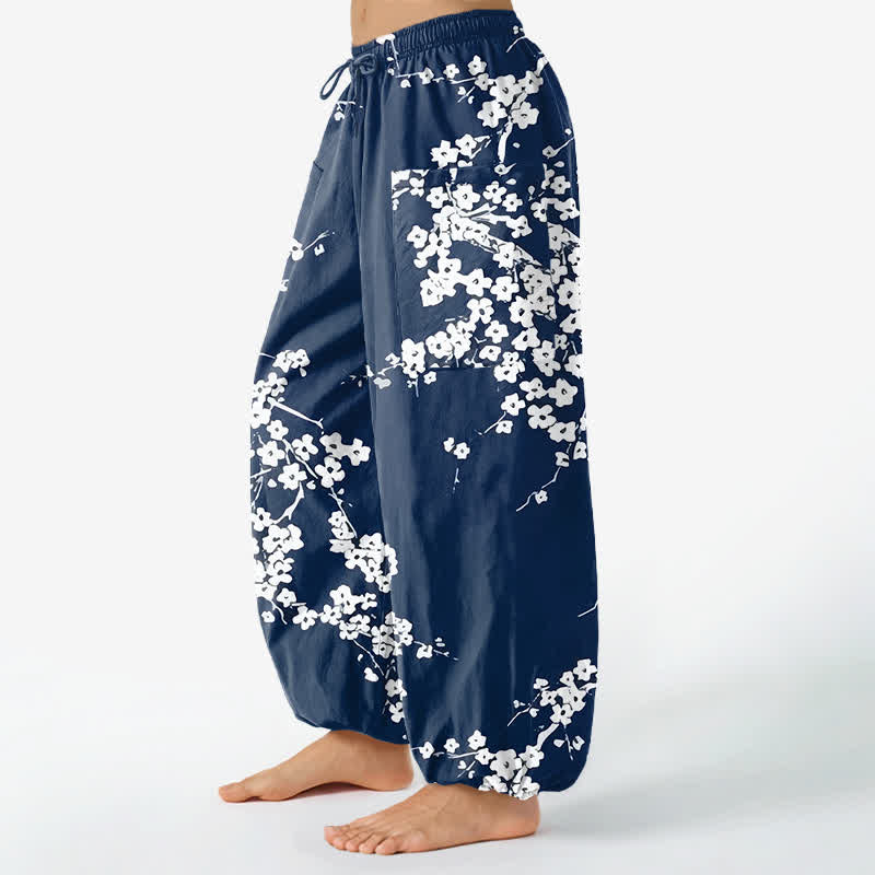 Buddha Stones Cotton White Plum Blossom Pattern Women's Elastic Waist Harem Pants With Side Pockets - image 1