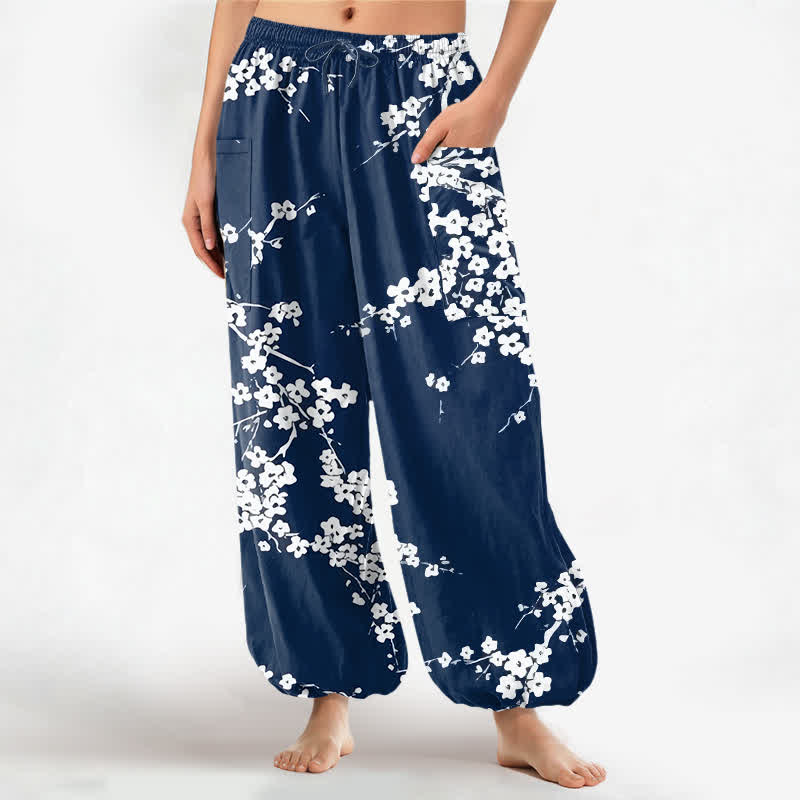Buddha Stones Cotton White Plum Blossom Pattern Women's Elastic Waist Harem Pants With Side Pockets - Navy - US16，UK/AU20，EU48 (3XL) - image 0