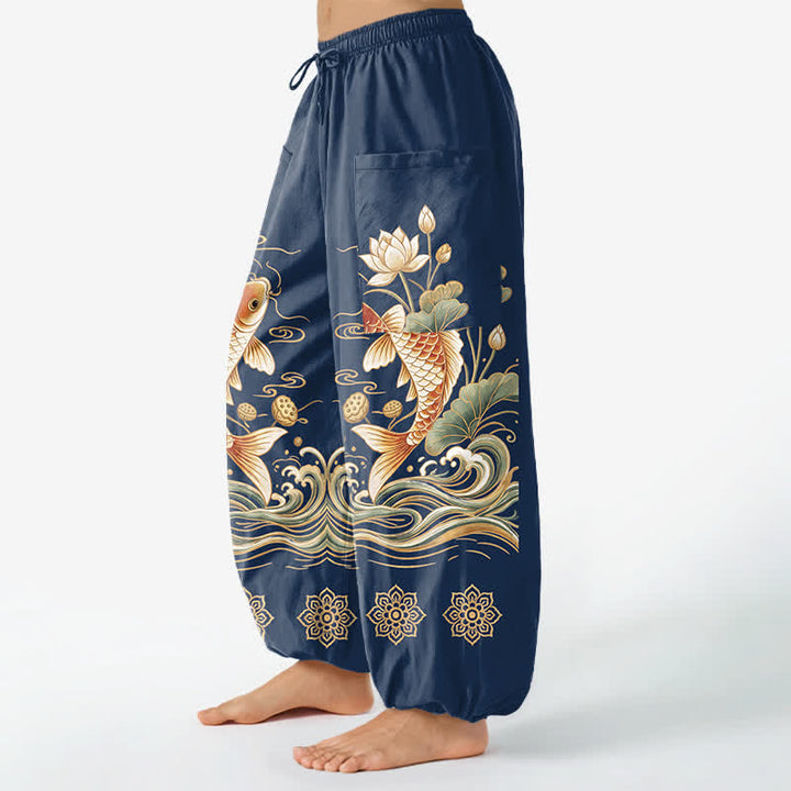 Buddha Stones Cotton Golden Koi Lotus Wave Pattern Women's Elastic Waist Harem Pants With Side Pockets - image 8