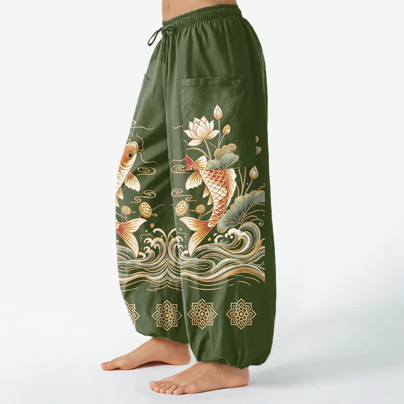 Buddha Stones Cotton Golden Koi Lotus Wave Pattern Women's Elastic Waist Harem Pants With Side Pockets - image 11