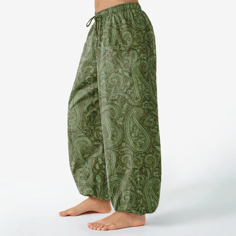 Buddha Stones Cotton Vintage Paisley Pattern Women's Elastic Waist Harem Pants With Side Pockets - image 11