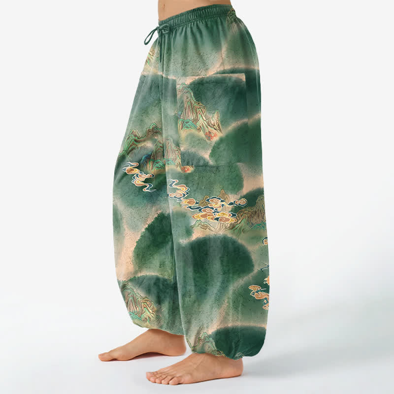 Buddha Stones Cotton Misty Landscape Motif Pattern Women's Elastic Waist Harem Pants With Side Pockets - image 1