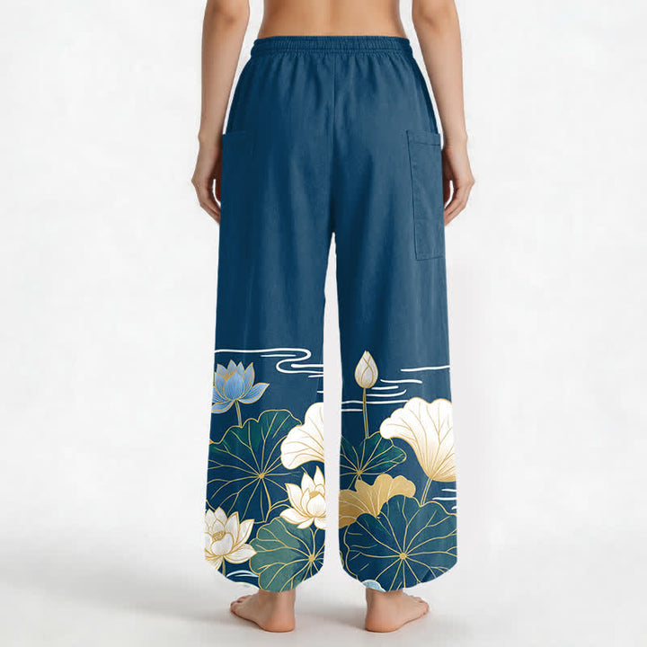 Buddha Stones Cotton Lotus Leaf Wave Pattern Women's Elastic Waist Harem Pants With Side Pockets - image 9