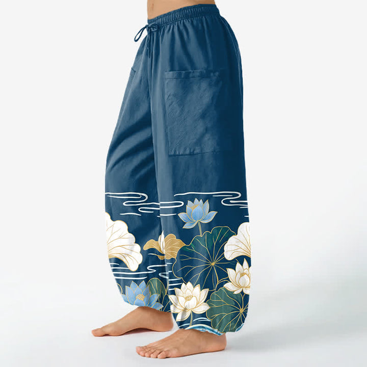 Buddha Stones Cotton Lotus Leaf Wave Pattern Women's Elastic Waist Harem Pants With Side Pockets - image 8