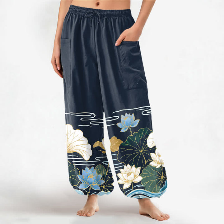 Buddha Stones Cotton Lotus Leaf Wave Pattern Women's Elastic Waist Harem Pants With Side Pockets - MidnightBlue - US16，UK/AU20，EU48 (3XL) - image 10