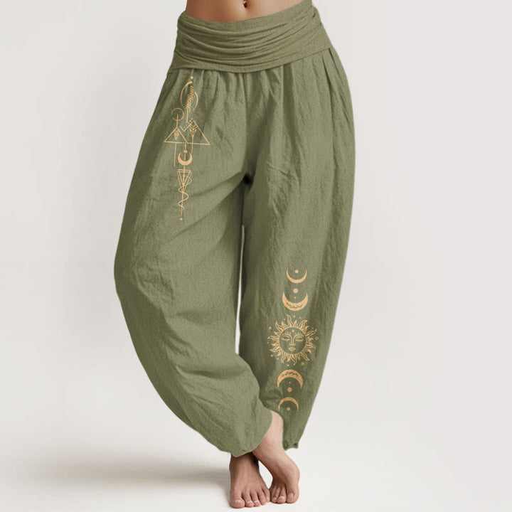 Buddha Stones Pure Cotton Concise Sun Moon Geometric Pattern Women's Elastic Waist Harem Pants - OliveDrab - US16，UK/AU20，EU48 (3XL) - image 14