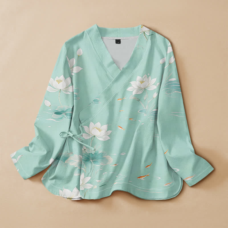 Buddha Stones Cotton Lotus Koi Fish Print Hanfu Style Wrap V-Neck Lace-up Women's Long Sleeve Shirts Kimono - PaleTurquoise - US16，UK/AU20，EU48 (3XL) - image 0