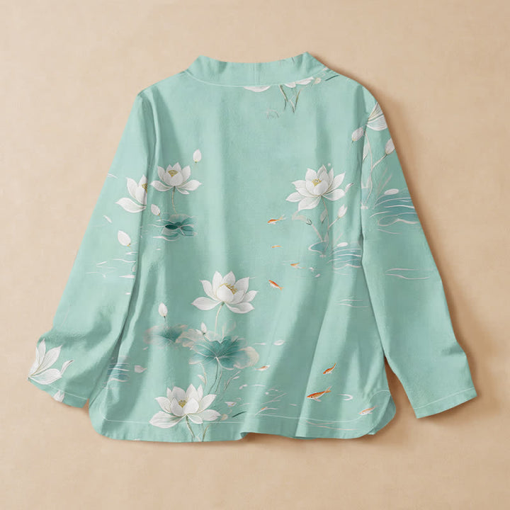 Buddha Stones Cotton Lotus Koi Fish Print Hanfu Style Wrap V-Neck Lace-up Women's Long Sleeve Shirts Kimono - image 1