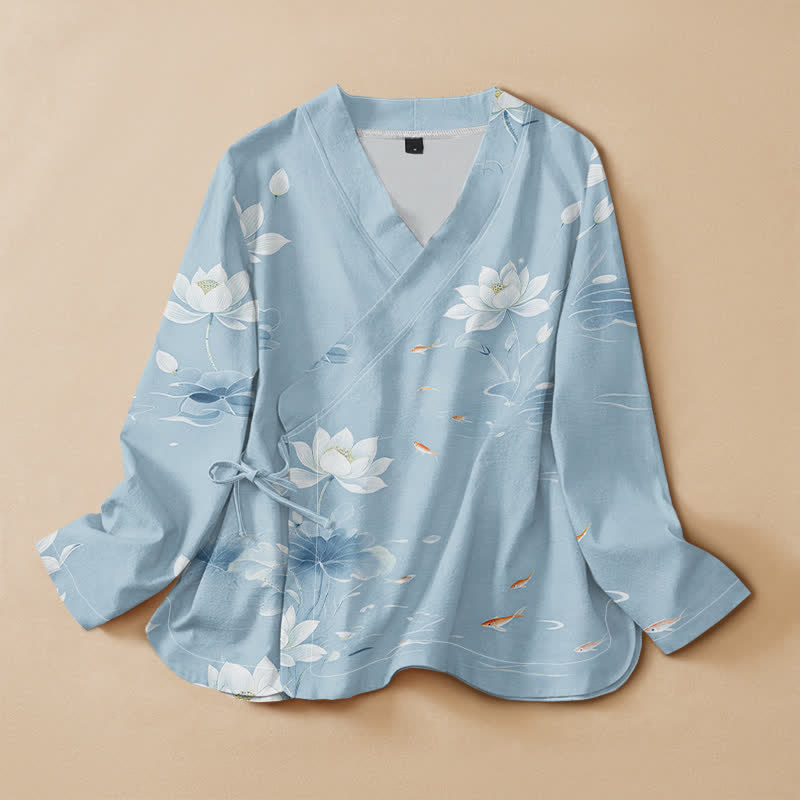 Buddha Stones Cotton Lotus Koi Fish Print Hanfu Style Wrap V-Neck Lace-up Women's Long Sleeve Shirts Kimono - LightBlue - US16，UK/AU20，EU48 (3XL) - image 5