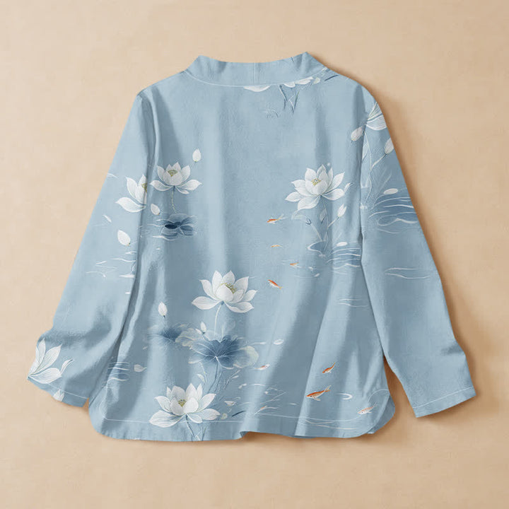 Buddha Stones Cotton Lotus Koi Fish Print Hanfu Style Wrap V-Neck Lace-up Women's Long Sleeve Shirts Kimono - image 6