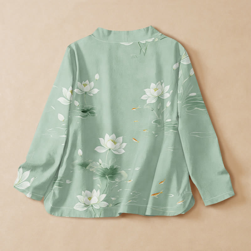 Buddha Stones Cotton Lotus Koi Fish Print Hanfu Style Wrap V-Neck Lace-up Women's Long Sleeve Shirts Kimono - image 8