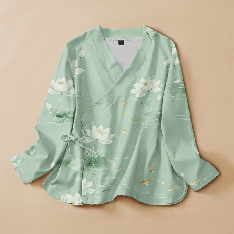 Buddha Stones Cotton Lotus Koi Fish Print Hanfu Style Wrap V-Neck Lace-up Women's Long Sleeve Shirts Kimono - PaleGreen - US16，UK/AU20，EU48 (3XL) - image 7