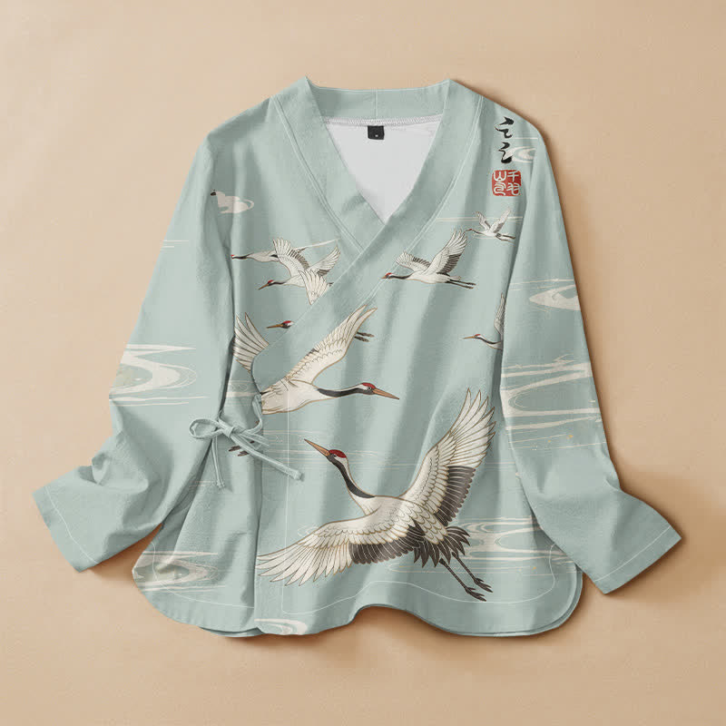 Buddha Stones Cotton Flying Crane Water Ripple Print Hanfu Style Wrap V-Neck Lace-up Women's Long Sleeve Shirts Kimono - PaleTurquoise - US16，UK/AU20，EU48 (3XL) - image 0