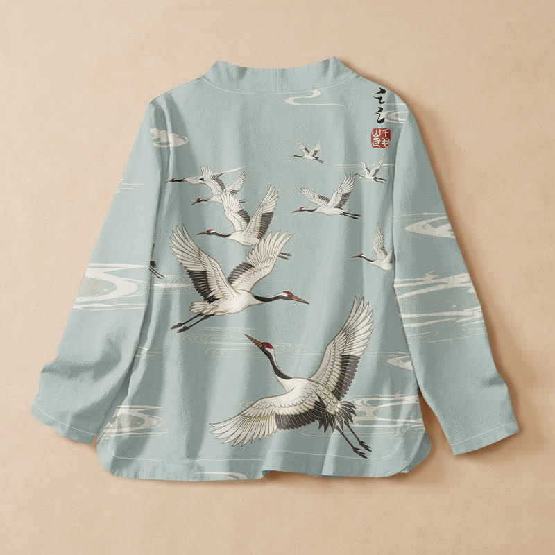 Buddha Stones Cotton Flying Crane Water Ripple Print Hanfu Style Wrap V-Neck Lace-up Women's Long Sleeve Shirts Kimono - image 1