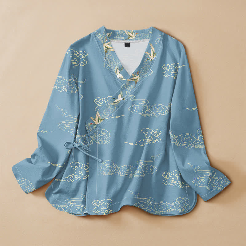 Buddha Stones Cotton Cloud Crane Print Hanfu Style Wrap V-Neck Lace-up Women's Long Sleeve Shirts - LightBlue - US16，UK/AU20，EU48 (3XL) - image 0