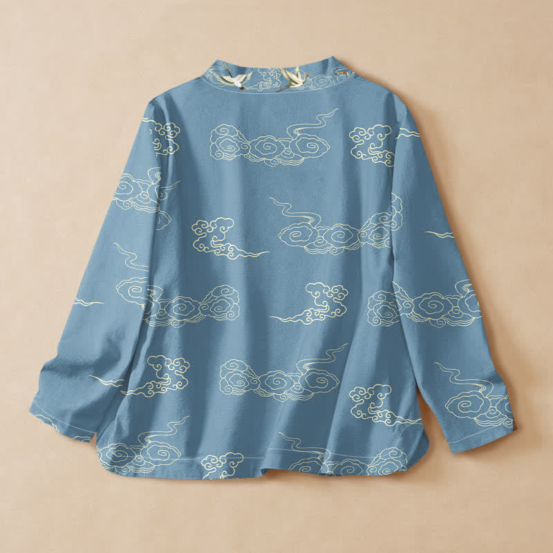 Buddha Stones Cotton Cloud Crane Print Hanfu Style Wrap V-Neck Lace-up Women's Long Sleeve Shirts - image 1