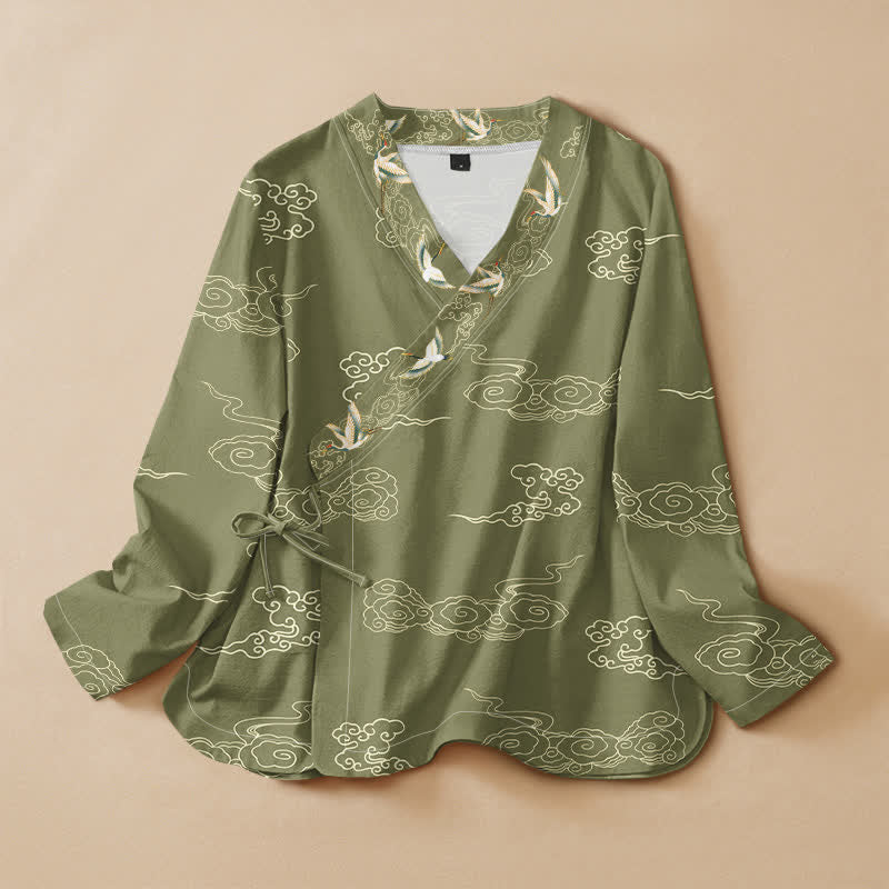 Buddha Stones Cotton Cloud Crane Print Hanfu Style Wrap V-Neck Lace-up Women's Long Sleeve Shirts - Olive - US16，UK/AU20，EU48 (3XL) - image 5