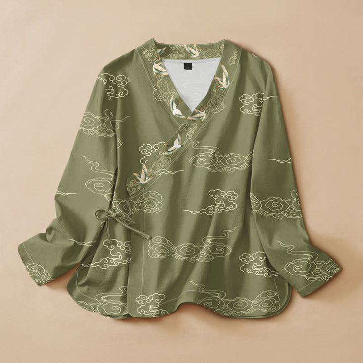Buddha Stones Cotton Cloud Crane Print Hanfu Style Wrap V-Neck Lace-up Women's Long Sleeve Shirts - Olive - US16，UK/AU20，EU48 (3XL) - image 5