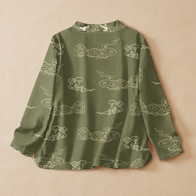 Buddha Stones Cotton Cloud Crane Print Hanfu Style Wrap V-Neck Lace-up Women's Long Sleeve Shirts - image 6
