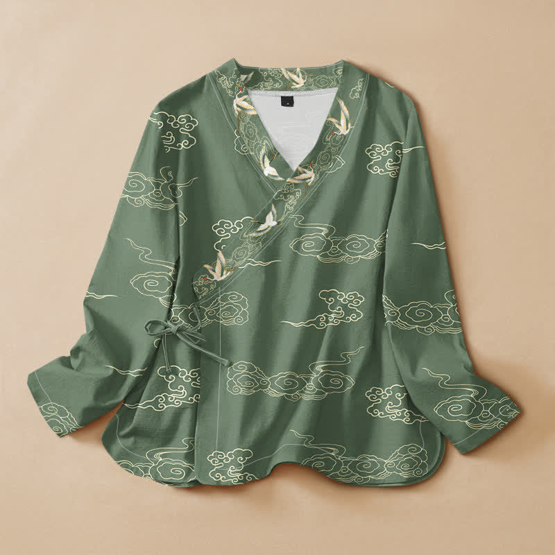 Buddha Stones Cotton Cloud Crane Print Hanfu Style Wrap V-Neck Lace-up Women's Long Sleeve Shirts - SeaGreen - US16，UK/AU20，EU48 (3XL) - image 7