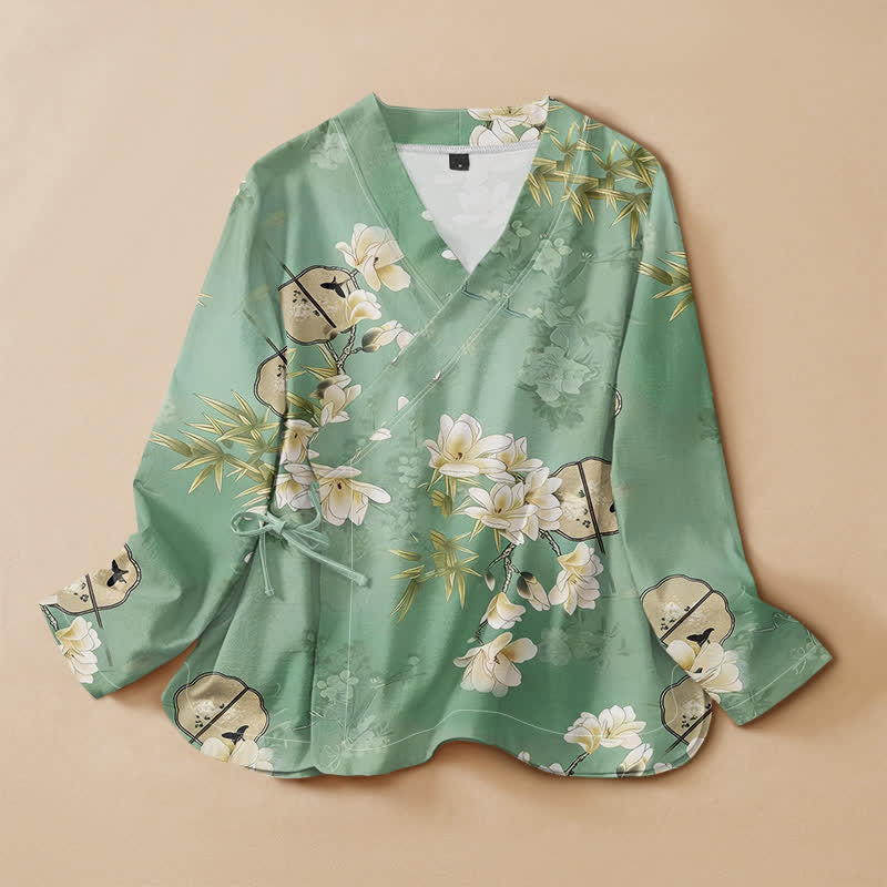 Buddha Stones Cotton Magnolia Bamboo Fan Print Hanfu Style Wrap V-Neck Lace-up Women's Long Sleeve Shirts - MediumAquamarine - US16，UK/AU20，EU48 (3XL) - image 0