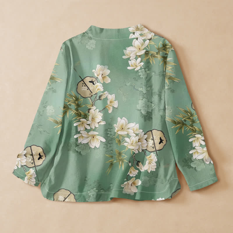 Buddha Stones Cotton Magnolia Bamboo Fan Print Hanfu Style Wrap V-Neck Lace-up Women's Long Sleeve Shirts Kimono - image 1