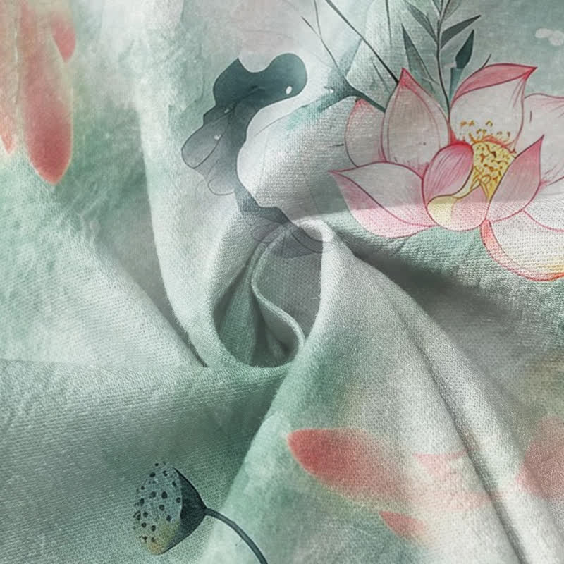Buddha Stones Cotton Lotus Blossom Print Hanfu Style Wrap V-Neck Lace-up Women's Long Sleeve Shirts Kimono - image 4