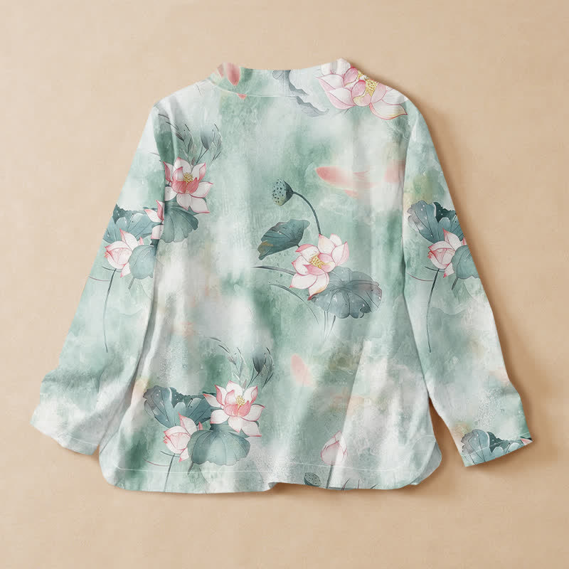 Buddha Stones Cotton Lotus Blossom Print Hanfu Style Wrap V-Neck Lace-up Women's Long Sleeve Shirts Kimono - image 1