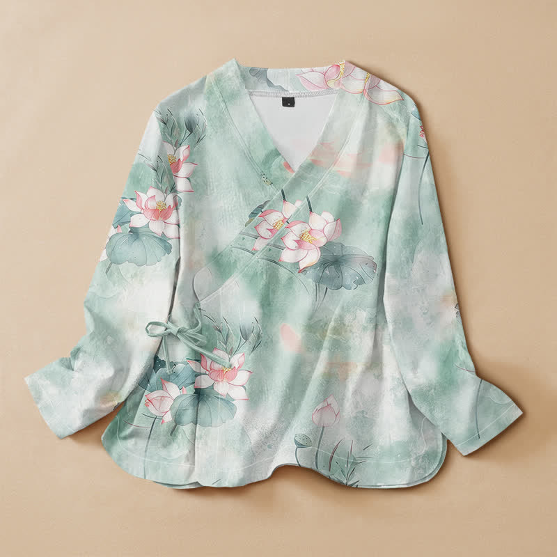 Buddha Stones Cotton Lotus Blossom Print Hanfu Style Wrap V-Neck Lace-up Women's Long Sleeve Shirts - PaleTurquoise - US16，UK/AU20，EU48 (3XL) - image 0