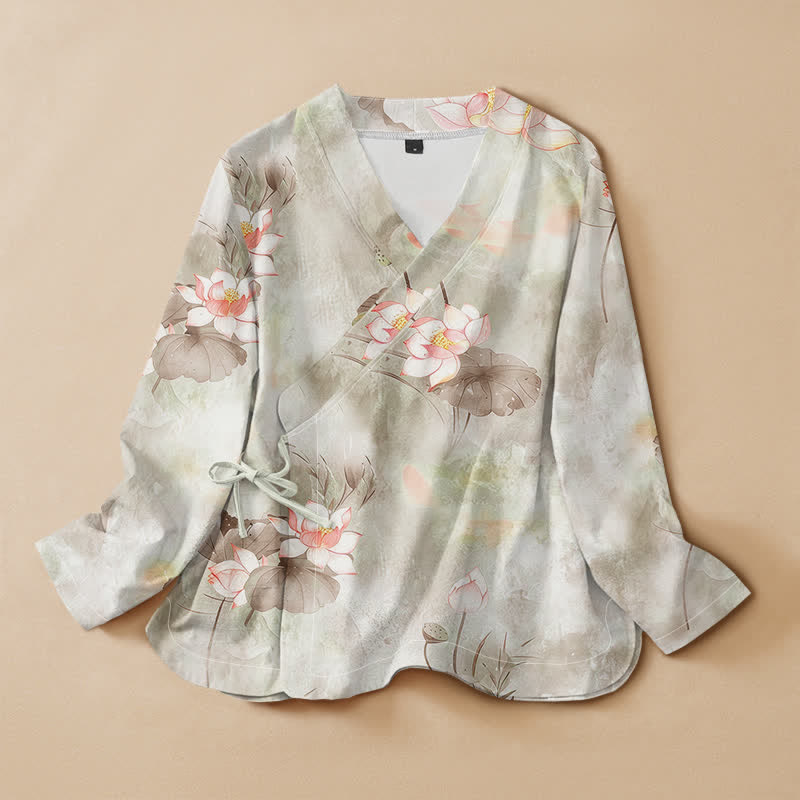 Buddha Stones Cotton Lotus Blossom Print Hanfu Style Wrap V-Neck Lace-up Women's Long Sleeve Shirts Kimono - Beige - US16，UK/AU20，EU48 (3XL) - image 5