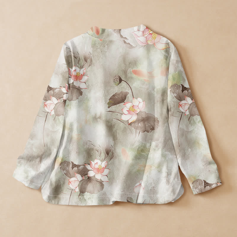 Buddha Stones Cotton Lotus Blossom Print Hanfu Style Wrap V-Neck Lace-up Women's Long Sleeve Shirts Kimono - image 6