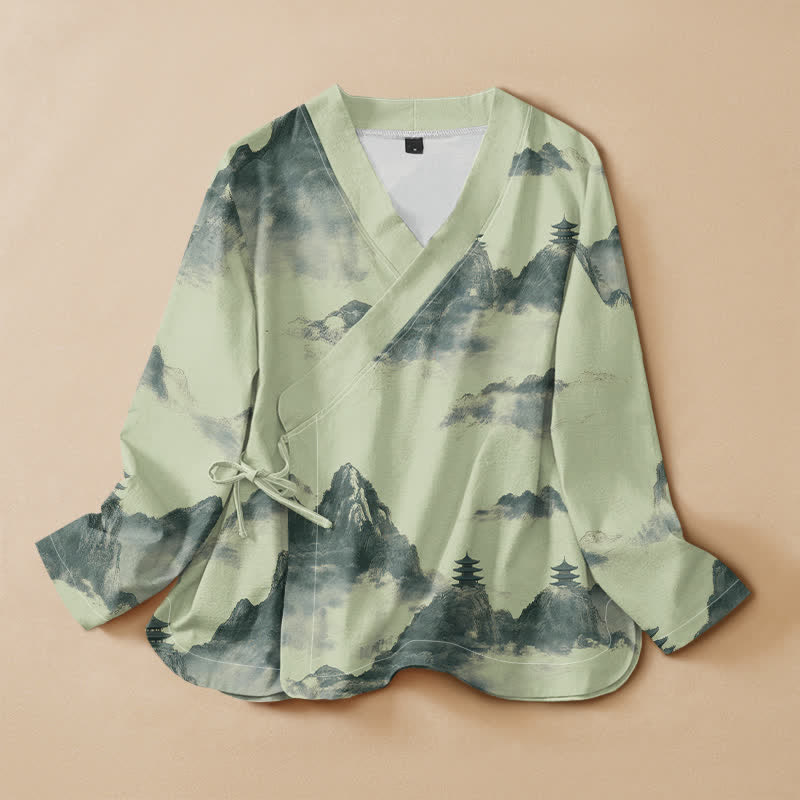 Buddha Stones Cotton Ink Landscape Pagoda Print Hanfu Style Wrap V-Neck Lace-up Women's Long Sleeve Shirts - PaleGreen - US16，UK/AU20，EU48 (3XL) - image 0
