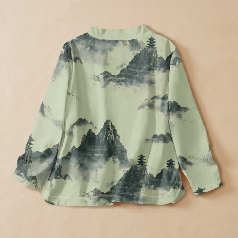 Buddha Stones Cotton Ink Landscape Pagoda Print Hanfu Style Wrap V-Neck Lace-up Women's Long Sleeve Shirts Kimono - image 1