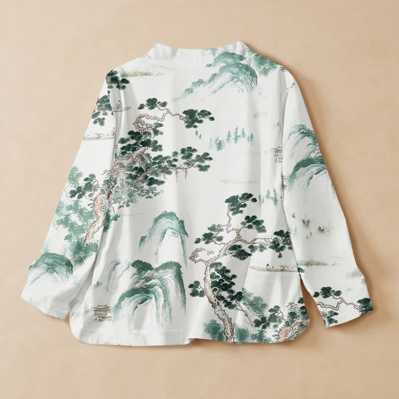 Buddha Stones Cotton Pine Tree Landscape Print Hanfu Style Wrap V-Neck Lace-up Women's Long Sleeve Shirts - image 1