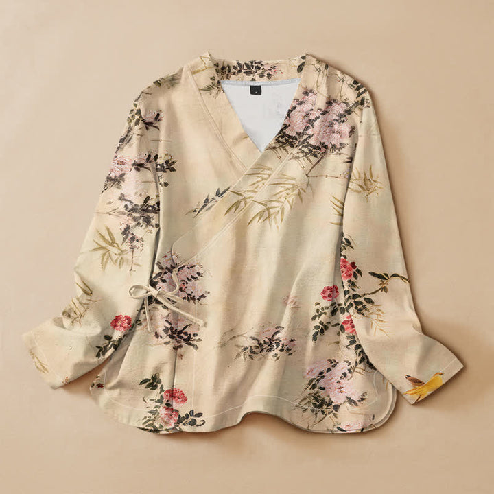 Buddha Stones Cotton Bamboo Blossom Print Hanfu Style Wrap V-Neck Lace-up Women's Long Sleeve Shirts Kimono - Beige - US16，UK/AU20，EU48 (3XL) - image 0
