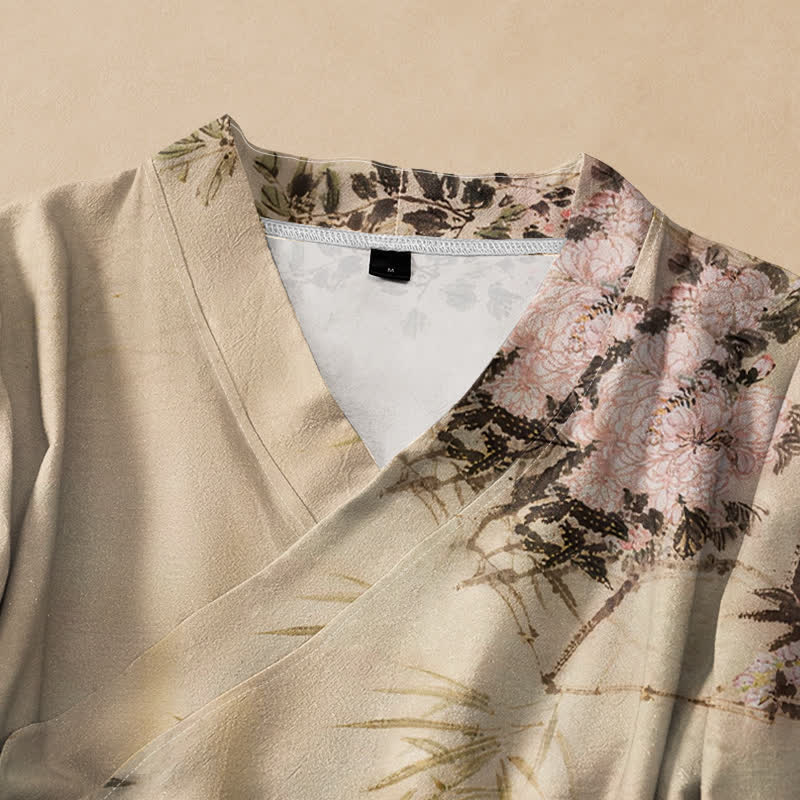 Buddha Stones Cotton Bamboo Blossom Print Hanfu Style Wrap V-Neck Lace-up Women's Long Sleeve Shirts Kimono - image 2