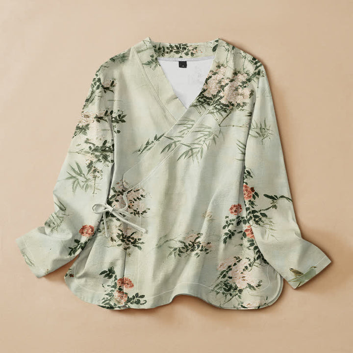 Buddha Stones Cotton Bamboo Blossom Print Hanfu Style Wrap V-Neck Lace-up Women's Long Sleeve Shirts Kimono - MintCream - US16，UK/AU20，EU48 (3XL) - image 5