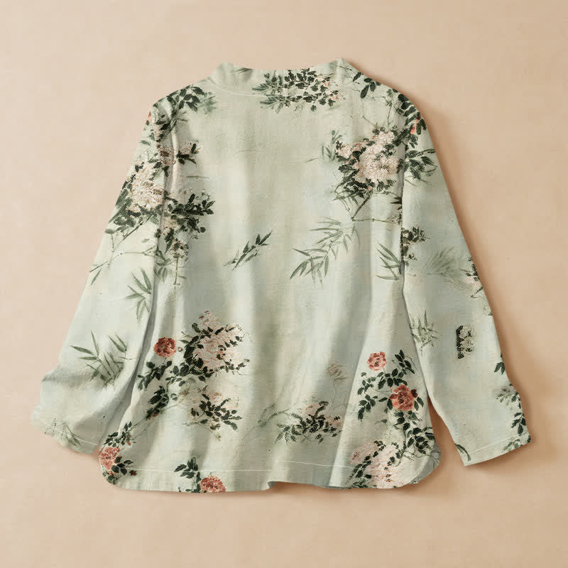 Buddha Stones Cotton Bamboo Blossom Print Hanfu Style Wrap V-Neck Lace-up Women's Long Sleeve Shirts Kimono - image 6